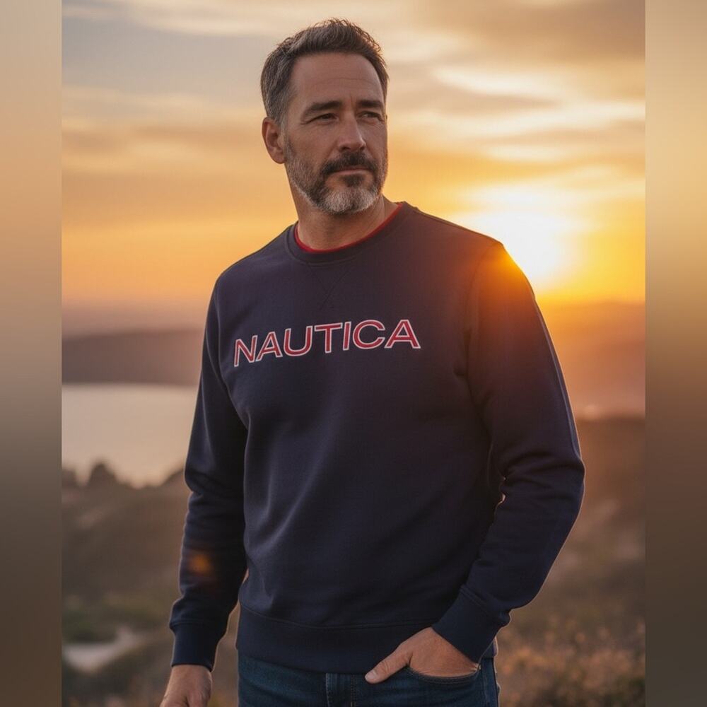 NAUTICA Men’s Medium Navy Blue Block Letter Crewneck Sweatshirt